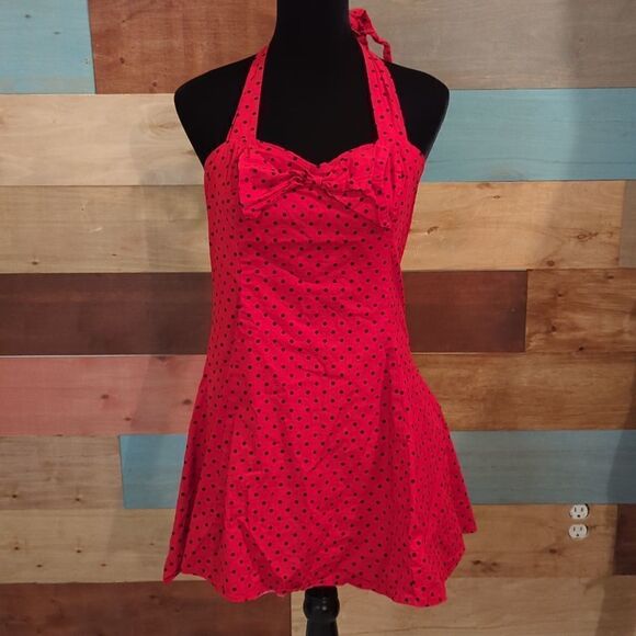 SIZE 16 red and black polka. Halter mini dress - Picture 1 of 4